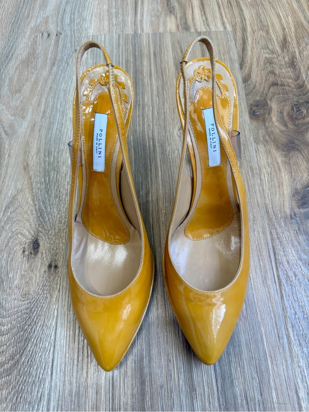 Pollini Mustard Patent Leather Slingback Pumps Size 38.5 Made in Italy - Picture 3 of 10